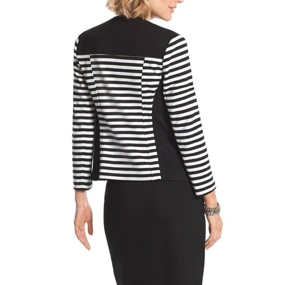 Chico's 1 Sz M Black Striped Moto Jacket Blocked Ponte Knit Tuxedo Blazer - Picture 11 of 15